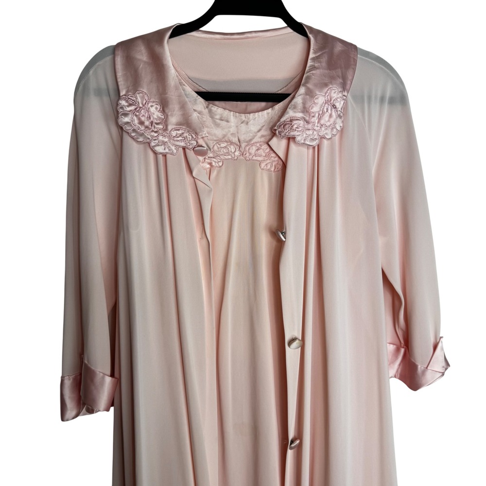 VTG Light Pink Floral Trim Nightgown and Robe Set Lingerie Sleepwear Cozy Soft - Picture 3 of 12